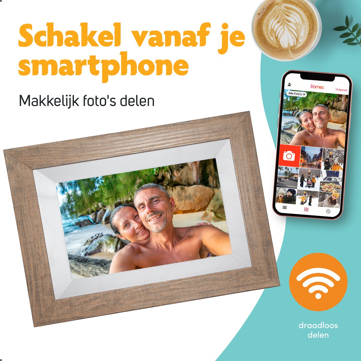 Pora Digitale fotolijst WF-805T-LB Licht Bruin Hout Frameo WiFi Pora Digitale fotolijst WF-805T-LB Licht Bruin Hout Frameo WiFi